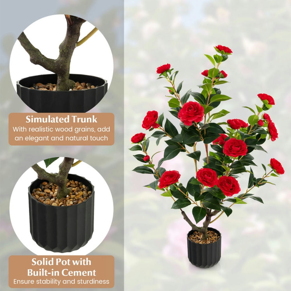 Spaco 38 inch Artificial Camellia Tree, Faux Flower Plant in Cement Pot 2 Pack, Artificial Plant Faux Flower Plant for Indoor and Outdoor, Red