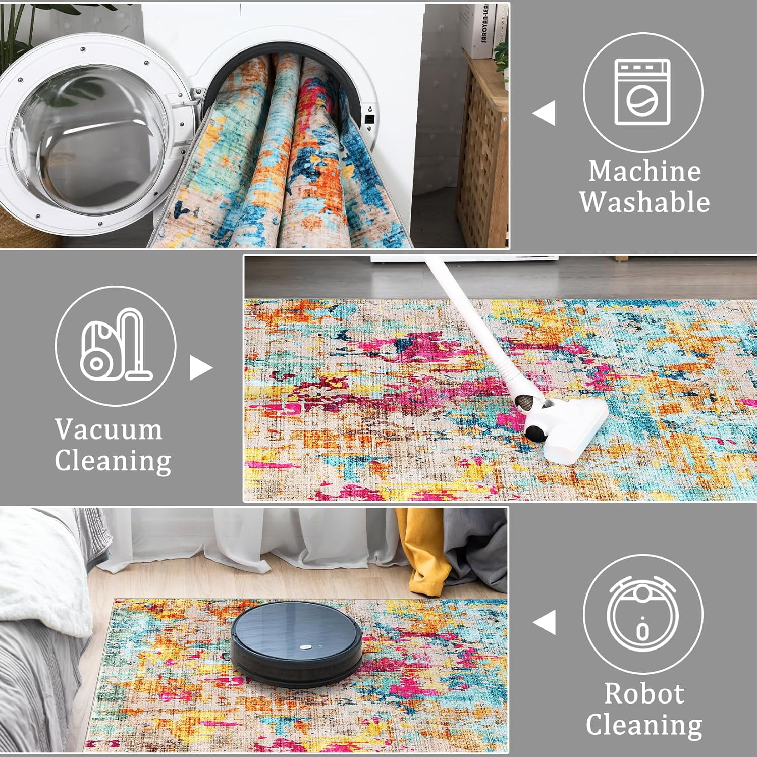 Colorful Abstract Area Rug, 5x7 Boho Washable Living Room Bedroom Rug Modern Non-Slip Non-Shedding Low Pile Area Rug Throw Rug for Dining Room Home (Colorful Multi, 5'x7')