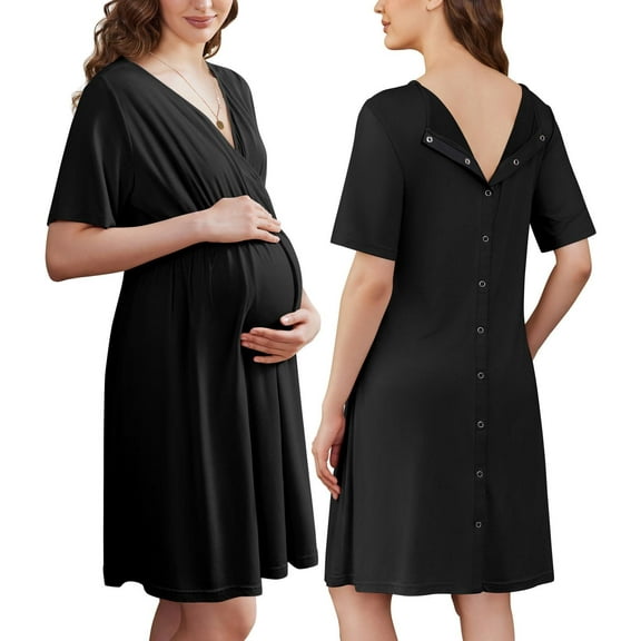 Ekouaer Labor and Delivery Gown for Hospital Short Sleeve Maternity Nursing Dress Nightgown with Button Black L