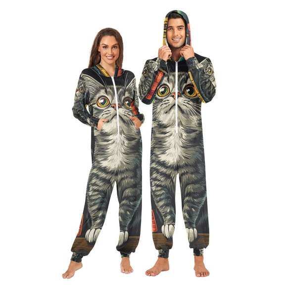 Cat Books Adult Onesie Pajamas Slim Fit Christmas One Piece Suit Pjs for Women and Men Hooded Zipper