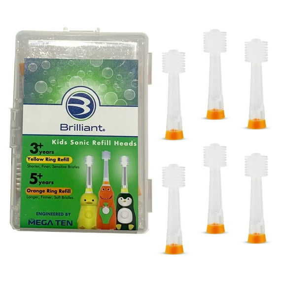 Brilliant Child Kids Sonic Toothbrush Refill Heads, Microfiber Soft Bristles, Orange, 6 Count