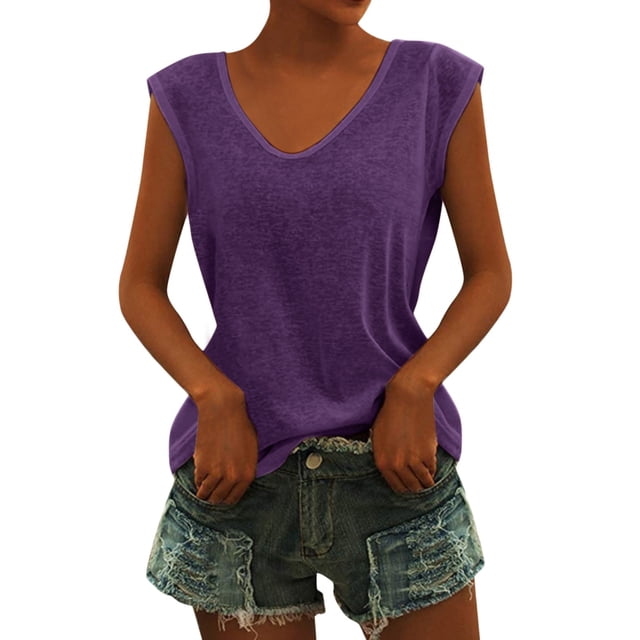 MIASHUI Débardeurs Décontractés pour Femmes Tendance à Col en V Sans Manches Coupe Ample, Violet, G