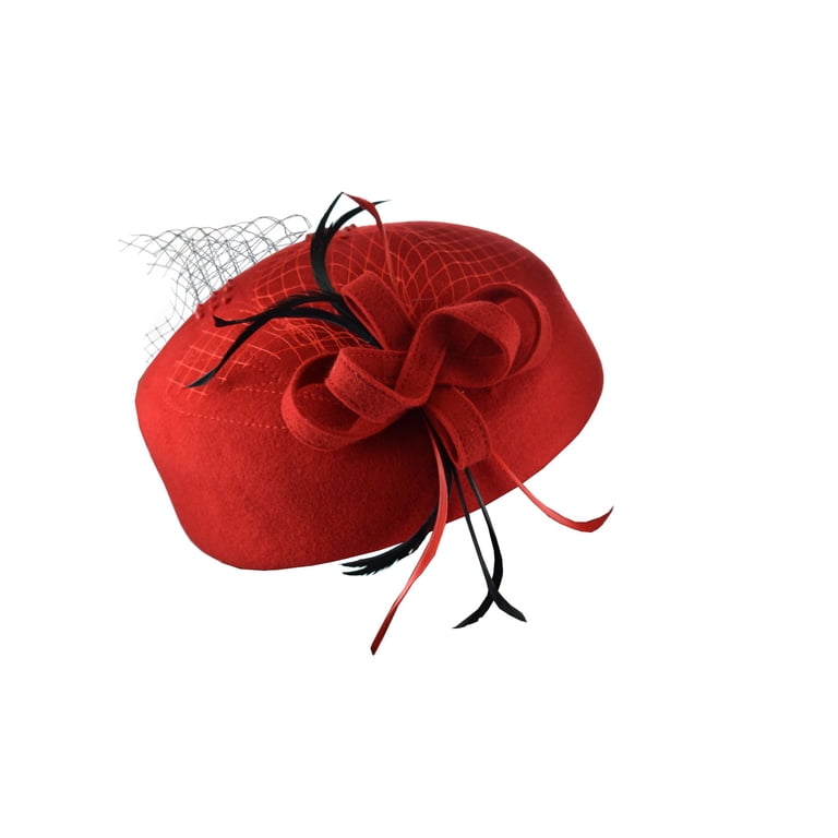 Women’s Deep Red Feather Accent Felt Pillbox Hat Lancaster Wool Feather Tailored Vintage Hats for Women for sale | eBay main image 3