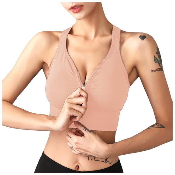 YWDJ Cotton Bras for Women Women Sports Underwear zipper rimless yoga vest underwear Pink L