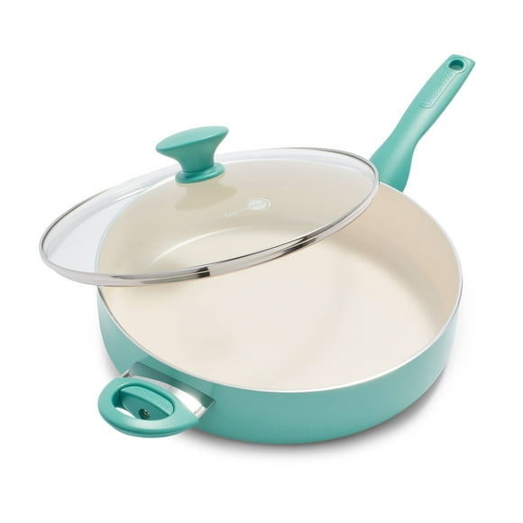 GreenPan Rio Sain Céramique Antiadhésif 5QT Sauteuse Poêle Jumbo Cuisinière avec Poignée d'Aide et Couvercle, Sans Pfas, Lave-Vaisselle, Turquoise