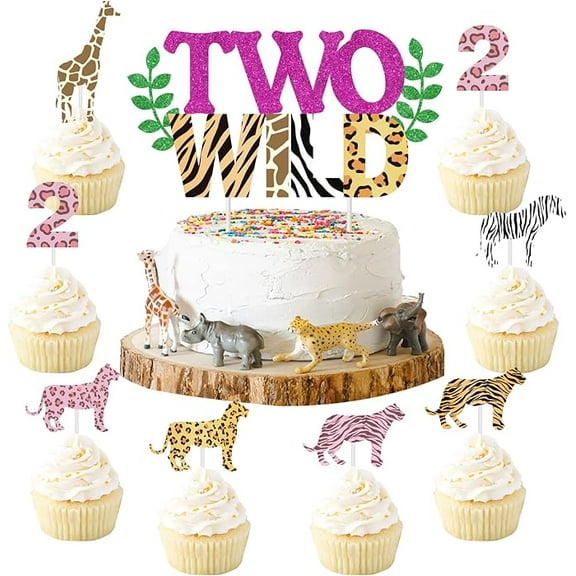 Two Wild Birthday Decorations for Girl - Two Wild Cake Topper, Animal Print Cupcake Toppers, 31 Pcs Jungle Safari Animal 2nd Birthday Party Cake Decorations