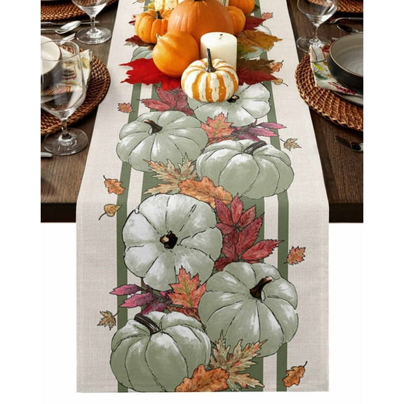 Table Runner 72 Inches Long, Fall Thanksgiving Sage Green Pumpkin Orange Maple Leaf Beige Cotton Linen Table Runners Non-Slip Durable Dresser Scarves for Table Party Dinner Holiday Home Decor, 1 Pack