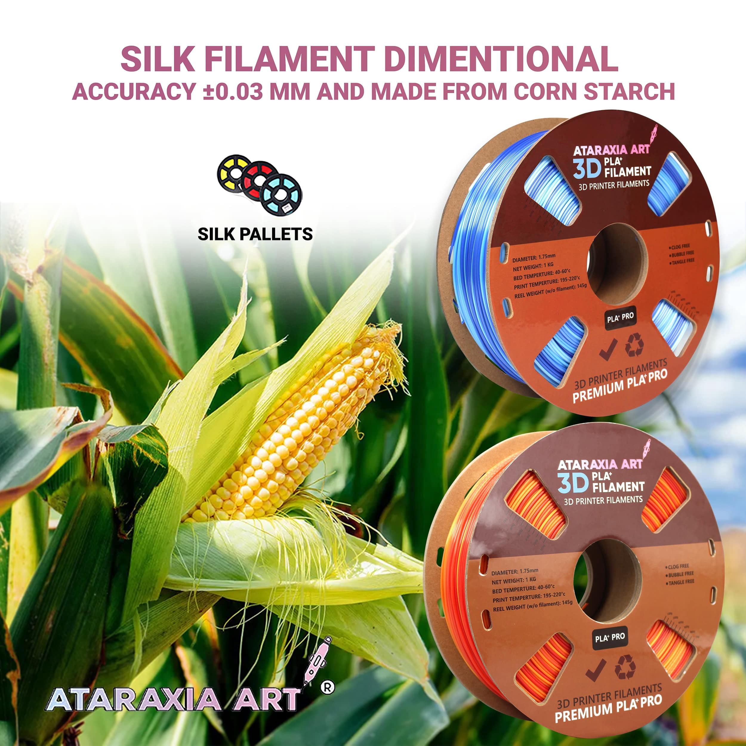 Ataraxia Art Fire Red Silk PLA Filament,3D Printer Silk Gold Yellow Red Shiny Filament 1.75mm,1Kg/2.2lb, Extra Filament Storage Bag