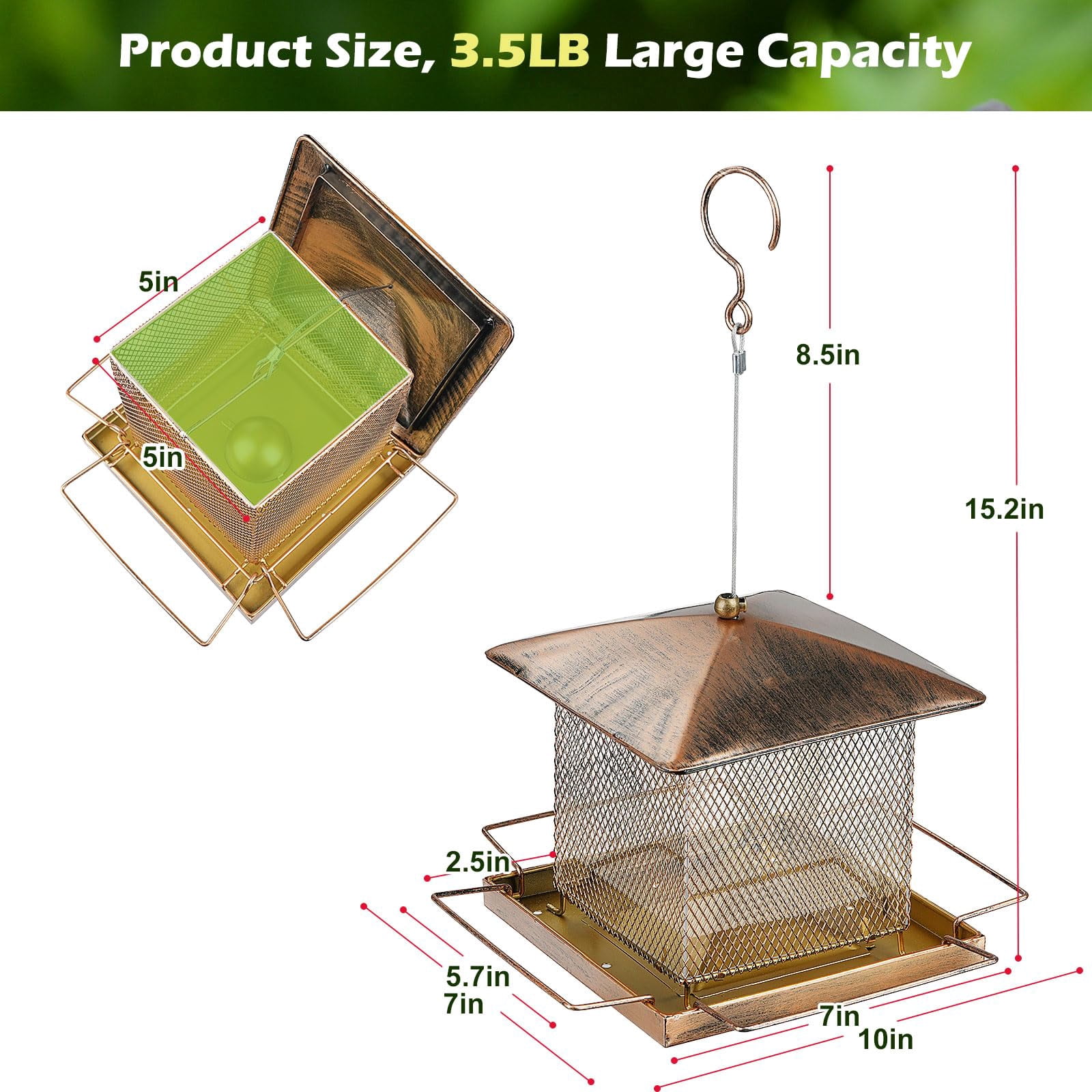 IWNTWY Metal Wild Bird Feeder,  Heavy Duty 3.5LB Capacity for Outdoor Hanging in Garden, Yard