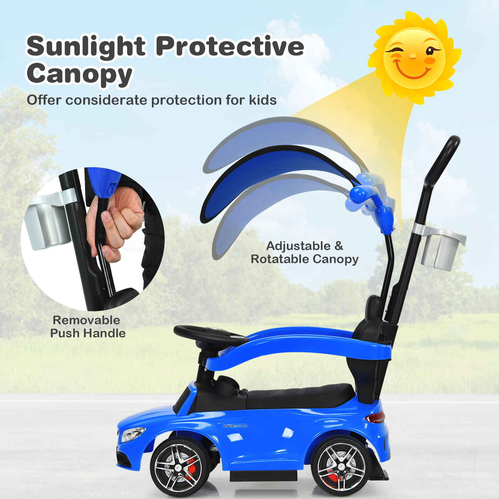 Infans 3 in 1 Ride on Push Car Mercedes Benz Toddler Stroller Sliding Car Blue