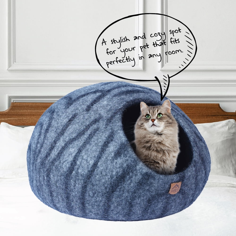 HAUSSIMPLE Wool Cat Cave Felt Bed for Kittens Cat Natural 100% Merino Wool Pet House - Gray Tiger