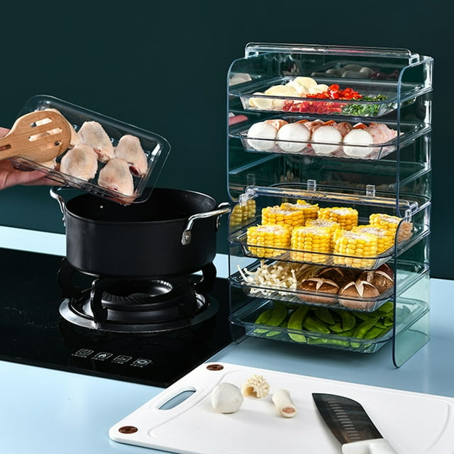 Estante organizador de cocina multifuncional | Cajón transparente de 3 niveles para frutas, verduras y guarniciones | Bandeja apilable para preparar alimentos con asas y tapete antideslizante