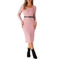 thumbnail image 1 of Vestidos de suéter INSPIRE CHIC para mujeres, vestido ajustado de cuello cuadrado con cinturón, de manga larga, largo, XS, rosa y gris, 1 of 6