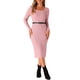 thumbnail image 1 of Vestidos de suéter INSPIRE CHIC para mujeres con escote cuadrado, cinturón, cuerpo ajustado, manga larga y larga S en rosa y gris, 1 of 6