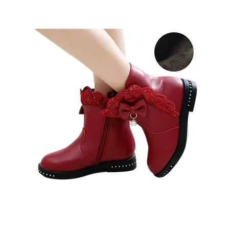 

Rotosw Girls Winter Boot Comfort Warm Booties Plush Lined Snow Boots Kids Girl Princess Shoes Fashion Side Zip Ankle Bootie Wine Red Plush Lined 11.5C