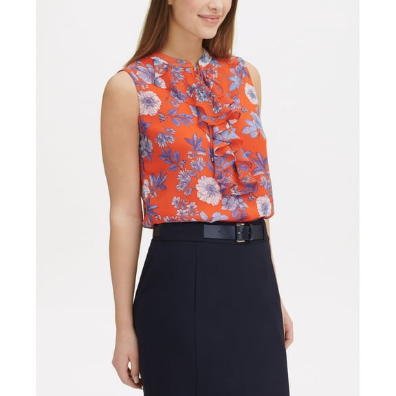 Tommy Hilfiger Floral Print Ruffle Trim Top Grenadine Multi L