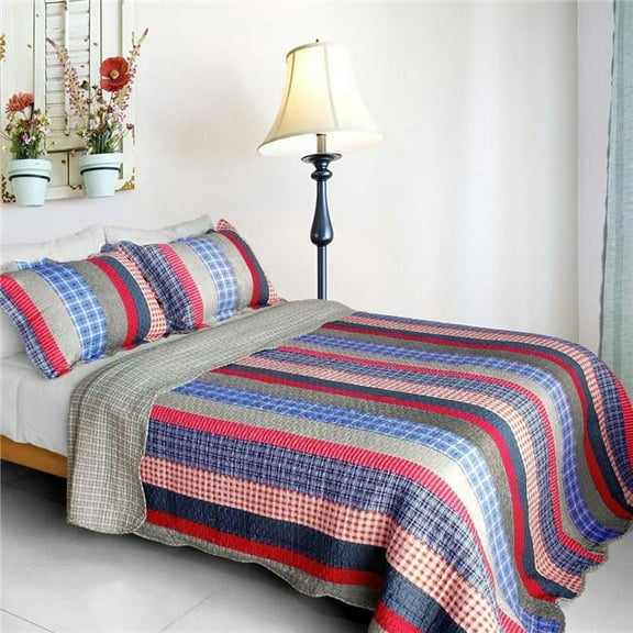 SJIN9210-23 Retro Stripe - Cotton 3 Pieces Vermicelli-Quilted Patchwork Quilt Set  Full & Queen Size - Blue