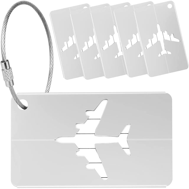 RV 6x Etiqueta de equipaje de avión (Plata) Etiqueta de maleta de aleación de aluminio con cuerdas de acero inoxidable y etiqueta de nombre para evitar la pérdida de bolsas y maletas, Etiqueta de viaje para maleta brillar Electrónica