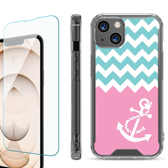 Shockproof Bumper Phone Case for iPhone 13, with Tempered Glass Screen Protector, by OneToughShield ® - Chevron/Anchor