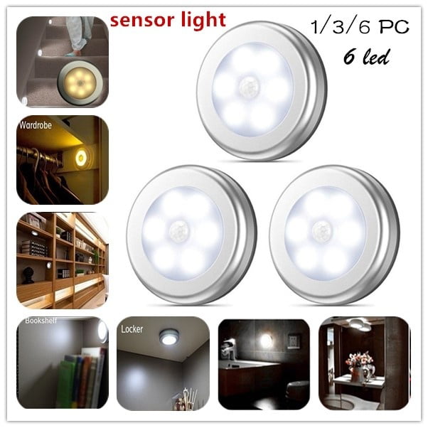 Wireless Night Light PIR Motion Auto Sensor 6 LED Lamp Lights Battery Operated L 