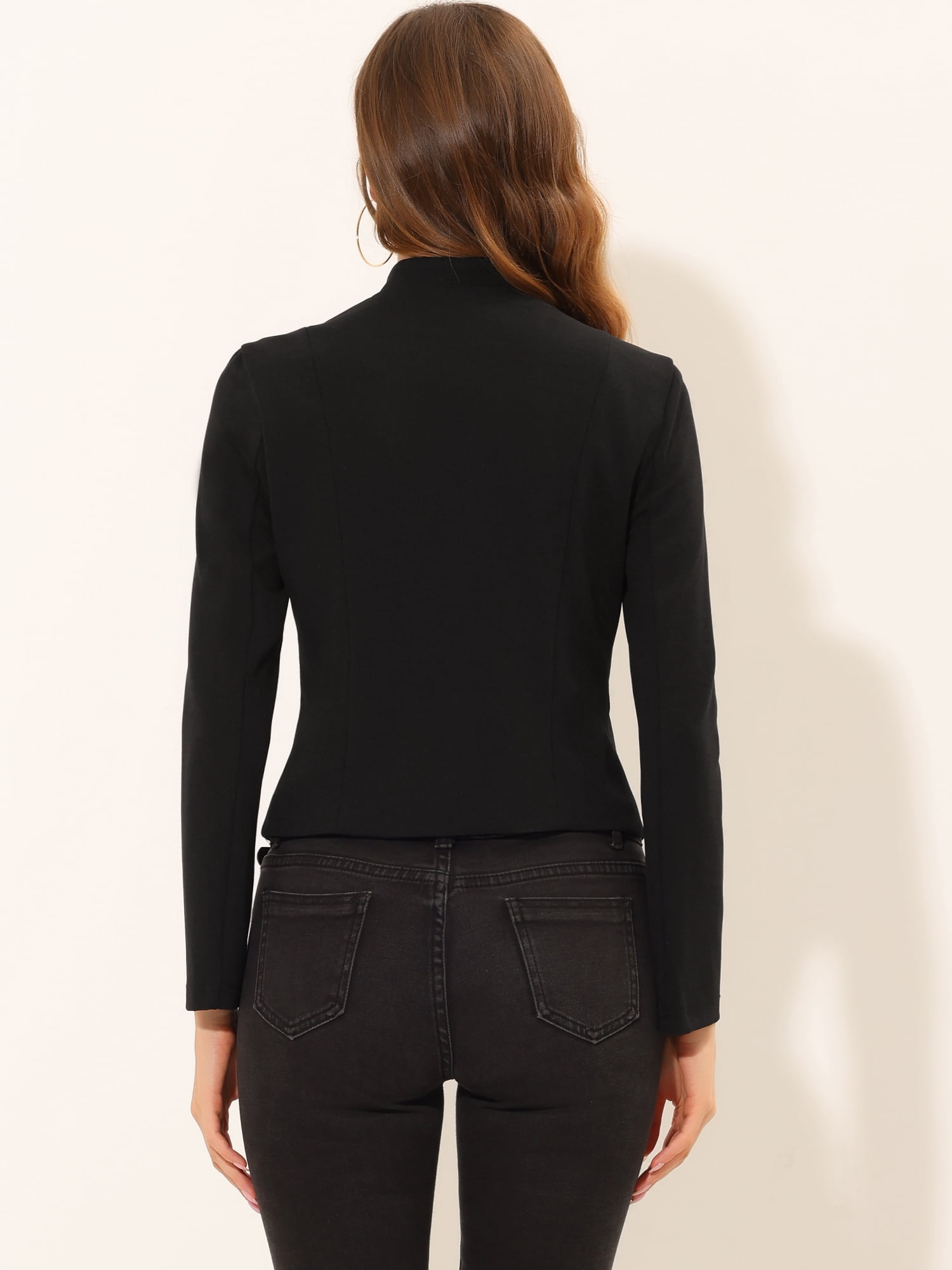 Unique Bargains Women's Stand Collar Button Decor Zip Up Blazer Jacket XS Black