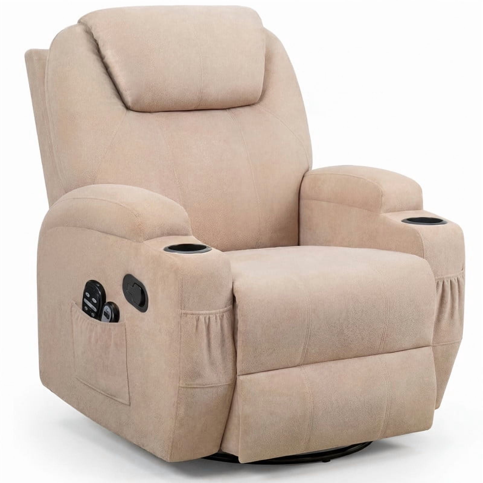 Lacoo PU Leather Swivel Rocker Recliner with Massage for Living Room Small Spaces Lounge Recliner Chair with Side Pockets for Adults,Linen Beige