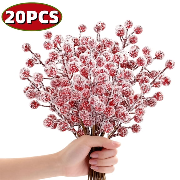 Christmas Artificial Holly Berry Stems 9'' Snowy Berry Picks for Christmas Tree Wreath Garland DIY Crafts Decor 20PCS