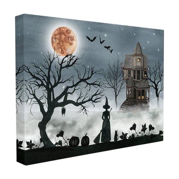 The Stupell Home Decor Collection Halloween Witch Silhouette in Full Moon Haunted House Scene Stretched Canvas Wall Art, 16 x 1.5 x 20