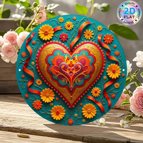 HELLOYOUNG Sacred Heart Wall Decor Mexican Folk Art, 7.87 Inch Round Aluminum Metal Hanging Art with Floral Design, Lightweight Durable Home Decor for Living Room Bedroom