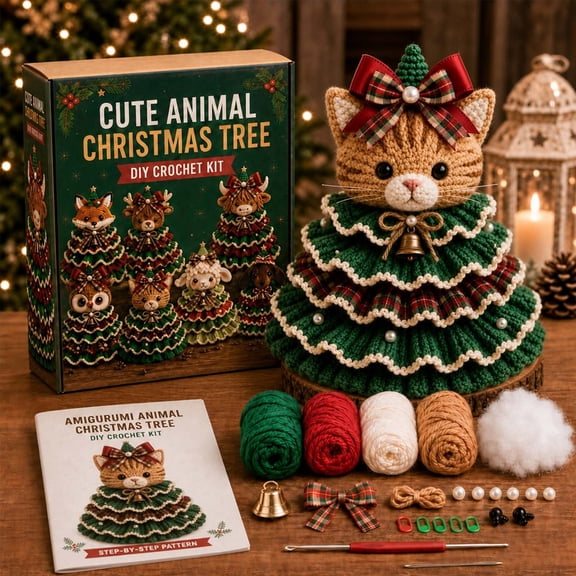 Cute Kitten Crochet Kit Christmas Ornament Kits, DIY Beaded Christmas Tree Kit Crochet Animals, Festive Handmade Christmas Decorations for Tabletop, Shelf, Mantel