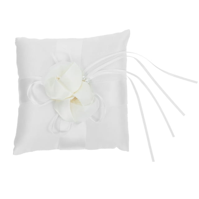 Cojín porta anillos de boda con preciosos capullos de flores y perlas sintéticas de 15 x 15 cm, con lazos (blanco).