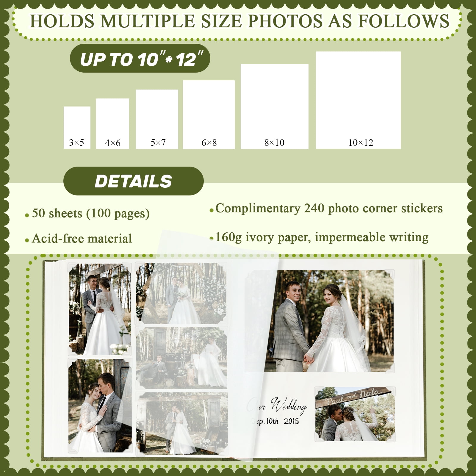 Customizable Scrapbook Album with Writing Space - Acid-Free 11.6 x 13 Inch Photo Album for Weddings, Baby, Graduation - Holds 3x5 to 8x10 Photos & Mementos (Olive)