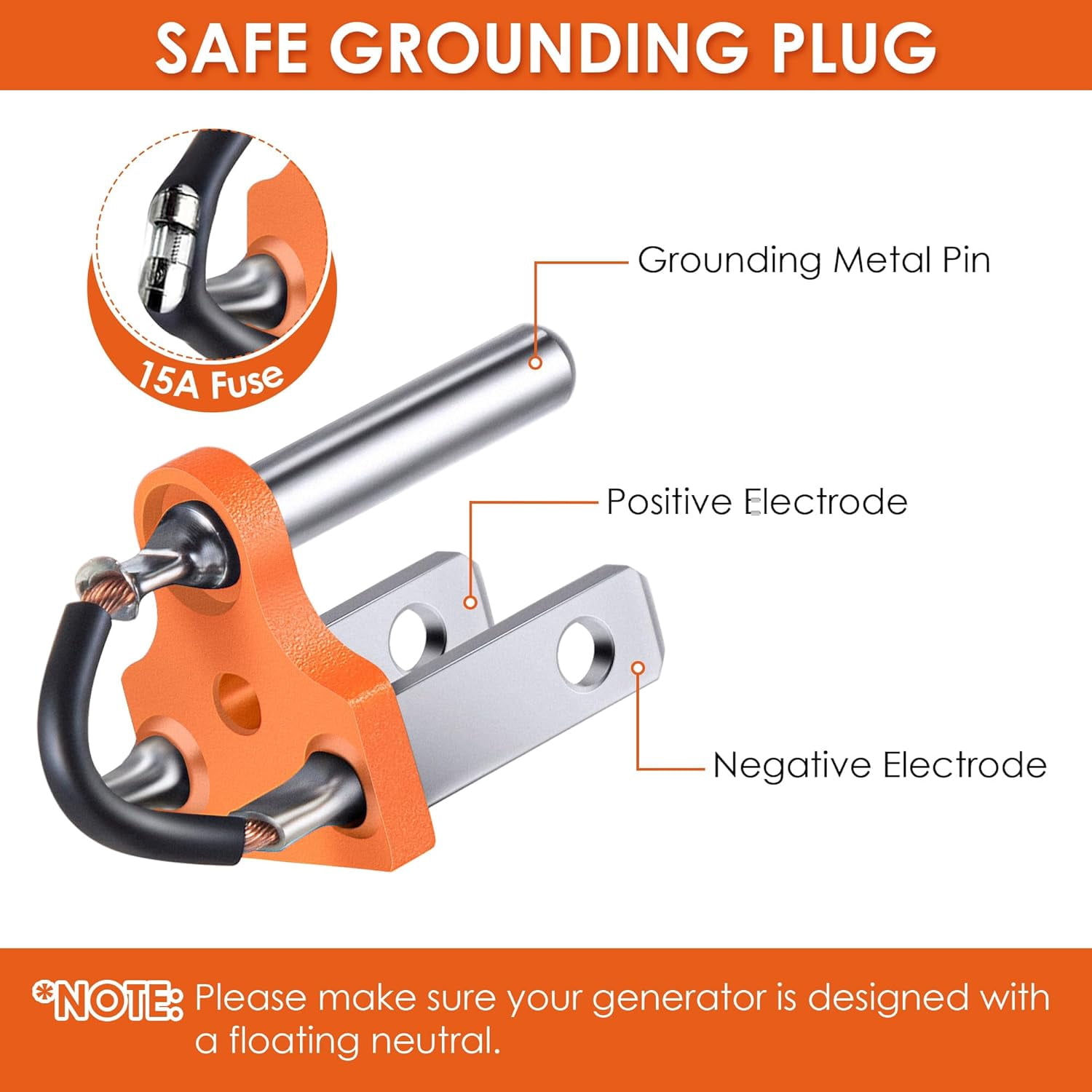 Neutral Ground Bonding Plug for Portable Inverter Generator, Generator Plug with Floating Neutral on RV, Motorhome, Camper, Orange, 1 Pack