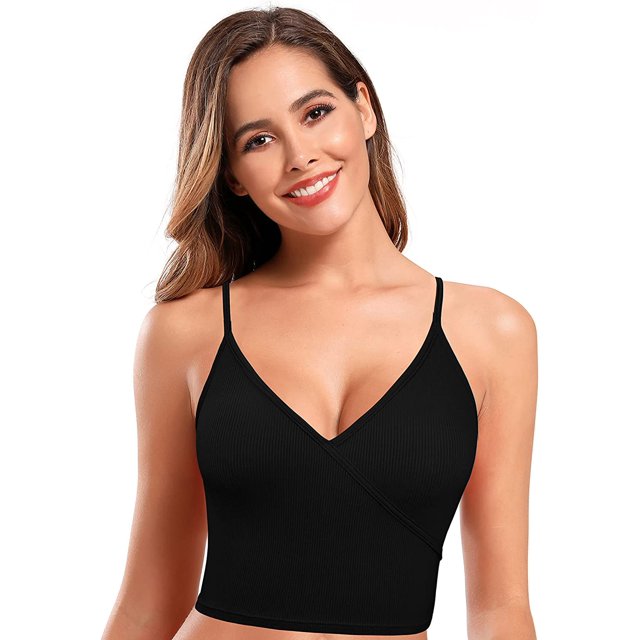 Mujeres Casual V Cuello Acanalado Top Arriba superpuesto Cami Superior Top sólido Top Negro M Negro M Xishao ropa