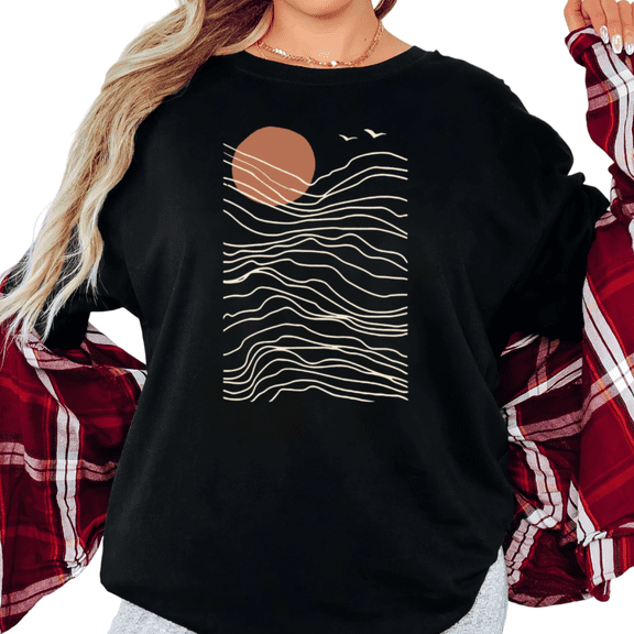 UNISHE Women's Abstract Sunset Ocean Waves and Birds Graphic Short Sleeve T-Shirt Casual Cotton Crewneck Top