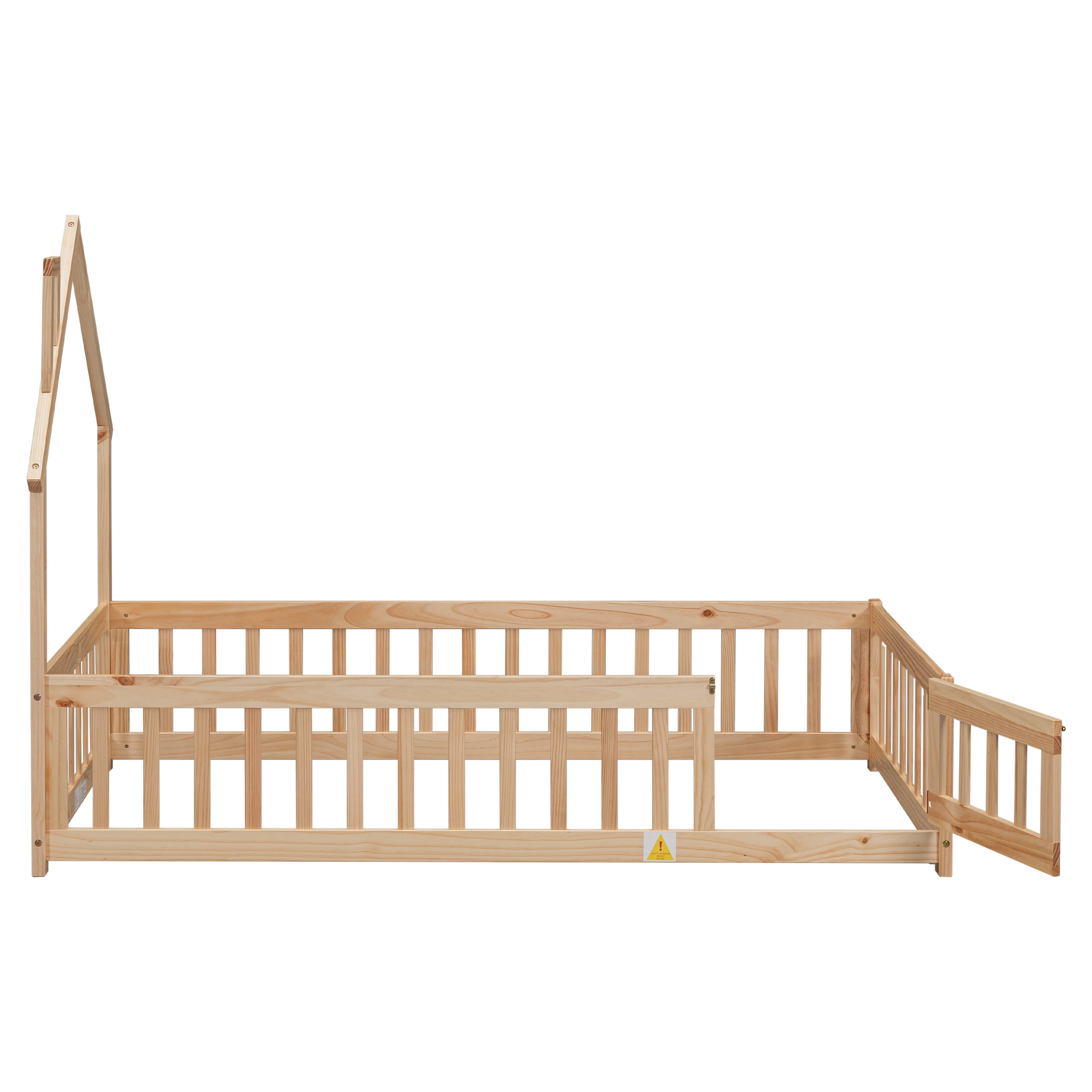PORKISS Twin Size House Platform Bed for Kids with House-Shaped Headboard, Low Floor Bed with Guardrails Fence, Natural