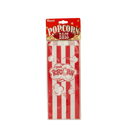 10 Pack 8.75 in x 3.5 in Striped Paper Popcorn Bags Set, Red and White with Fresh Popcorn Text and Popcorn Graphics, Perfect for Movie Nights, Parties and Snack Time Fun