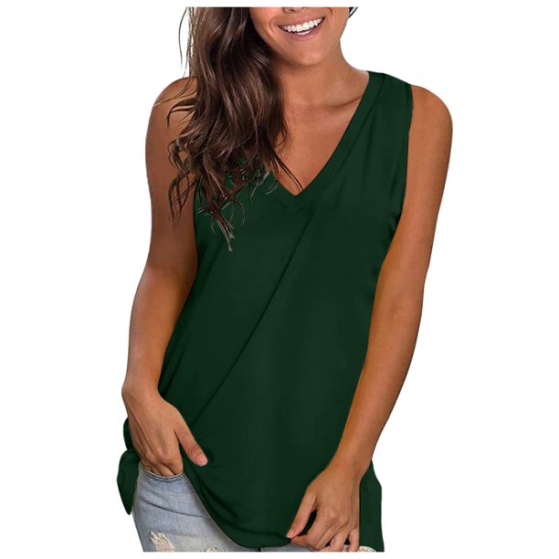 Camisetas sin mangas de mujer, holgadas, con cuello en V, camisolas de verano - Poliéster, color liso, estilo informal - S-XXL