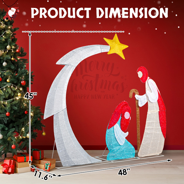 48in Lighted Outdoor Nativity Scene, 170 White LEDs, Classic Silhouette (Moon + Star), Collapsible with Ground Stakes for Indoor/Outdoor Use