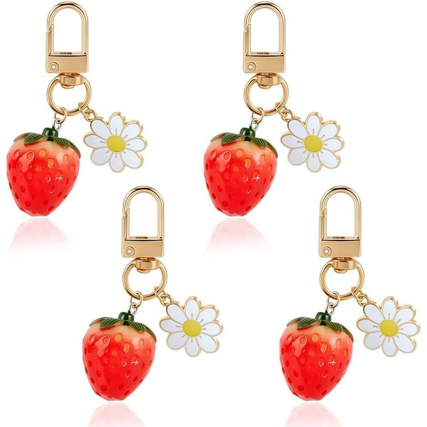 4 llaveros de fresa con diseño de margaritas y fresas, accesorios decorativos para mujer.