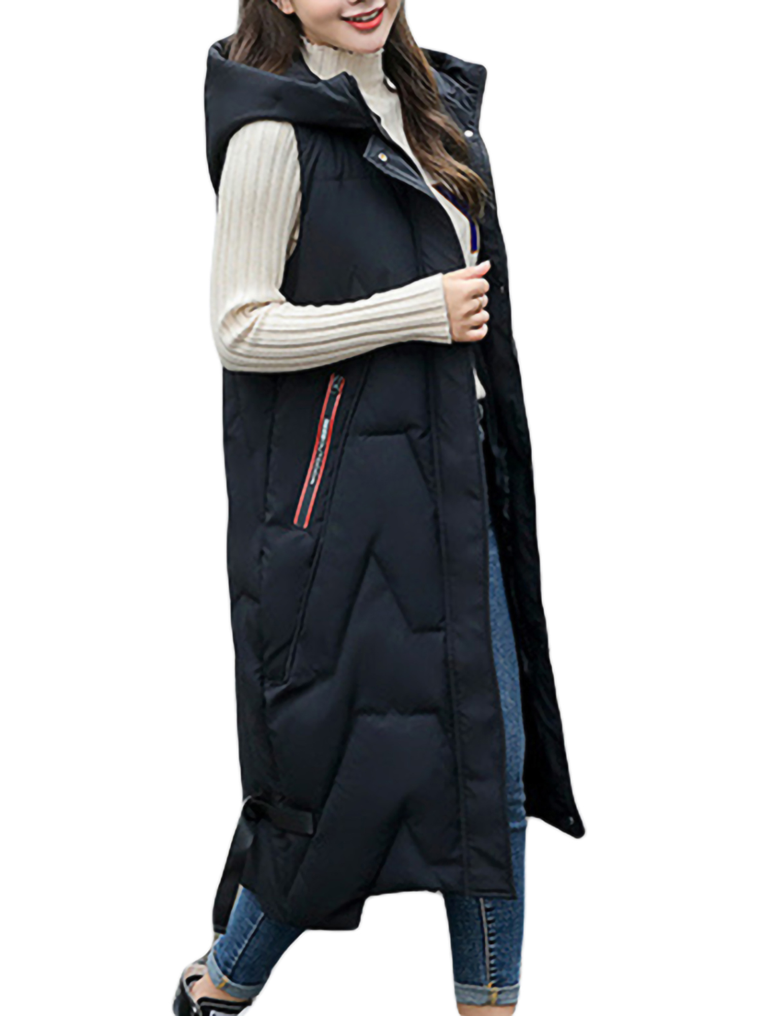 Long Hooded Puffer Vest for Women Zipper Down Jacket Coat Casual