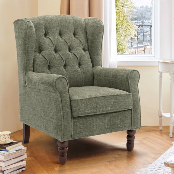 AFO Button-Tufted Wingback Accent Chair set of 1, Modern Mid-Century Armchair with Thick Padded Seat, Rolled Arm & Solid Wood Legs, For Bedroom/Office/Living Room, Green