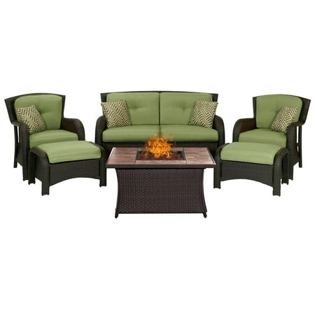 Hanover Strathmere 6 Pcs Wicker and Steel Propane Fire Pit Sectional Set, Cilantro Green