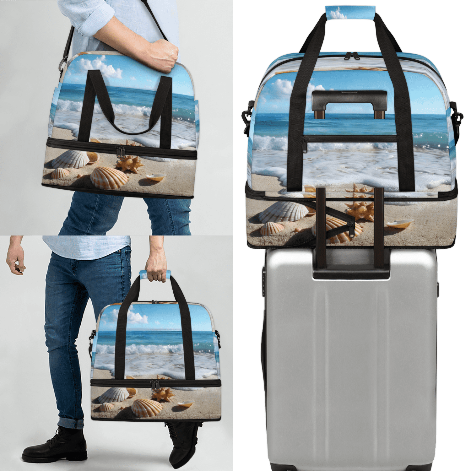 Herdesigns Beach Seashell Starfish Foldable Travel Duffel Bag with Shoe Compartment, Weekend Overnight Carry On Bags for Men Women, Large Sports Gym Luggage