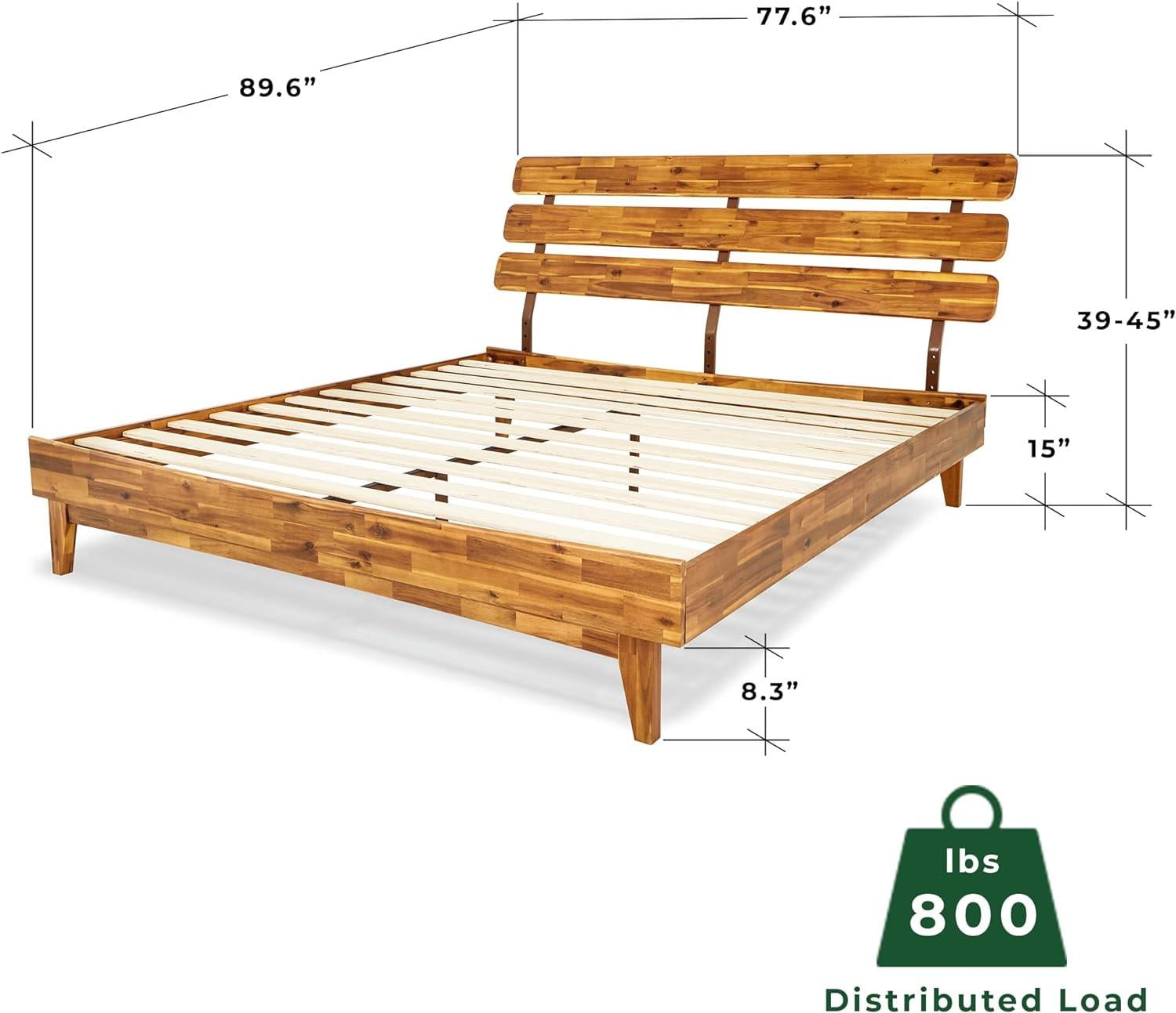 Dalen 45" King Bed Frame, Adjustable Headboard, Mid-Century, Solid Wood, Caramel