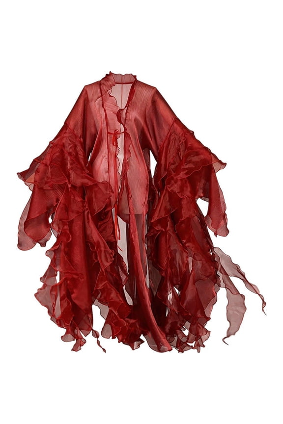 Red Sheer Chiffon Open Front Long Sleeve Hanfu Outer Cardigan Dress