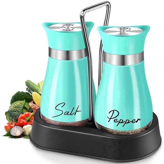 2-Pack Salt and Pepper Shakers, 4 oz Stainless Steel Glass Spice Jars with Base Handle for Kitchen Barbecue (Cyan-Blue)