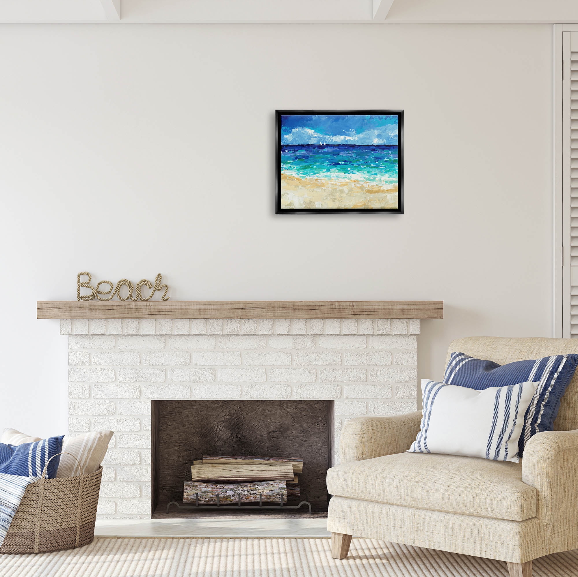 Stupell Industries Modern Beach Scene Abstract Shore Coastal Painting Black Floater Framed Art Print Wall Art