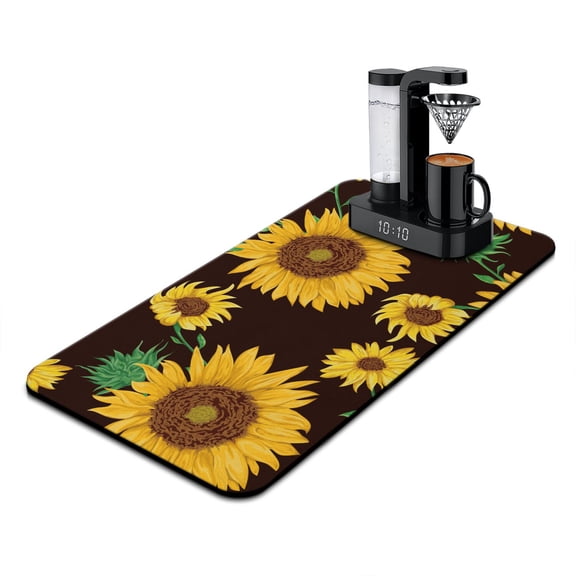 Sunflower with Inspirational Quote Dish Drying Mat, Boho Vintage Floral Coffee Bar Mat, Absorbent Yellow Bloom Kitchen Counter Mat