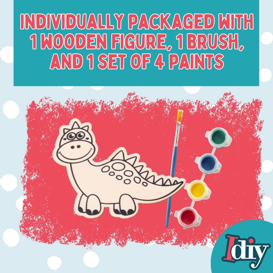 SCS Direct Kids Party Dino Wood Painting Craft Kits (20ct)-Dinosaur Designs -Each Kit Has its Own Brush, Paint, & Figure- Fun, Unique Birthday Party Activity, Favors or Classroom School Projects Gift